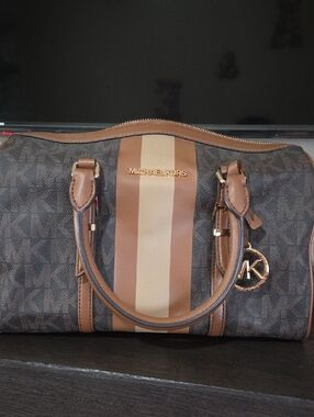 Michael Kors Brown Bedford Legacy and Tan Stripe Logo Satchel